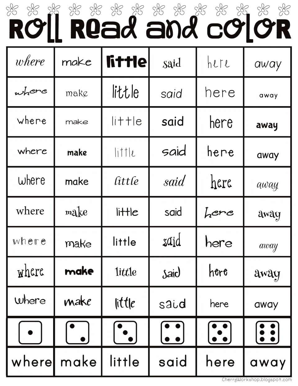 Sight word roll-and-color practice: where, make, little, said, here, and away repeated in different fonts.