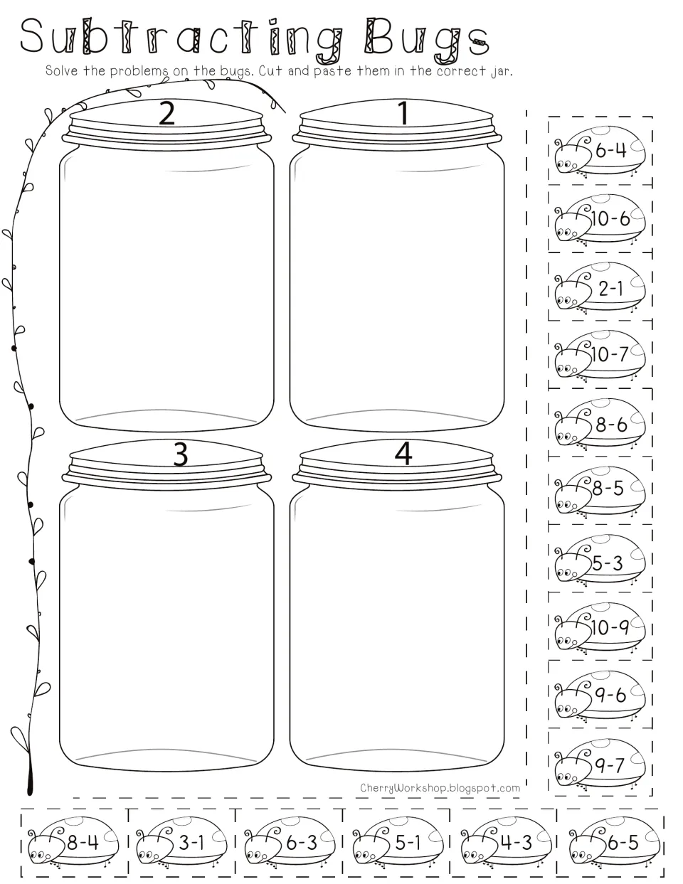 Subtracting Bugs: students solve 16 subtraction facts on ladybugs, then cut and paste each into jar 1, 2, 3 or 4 by answer