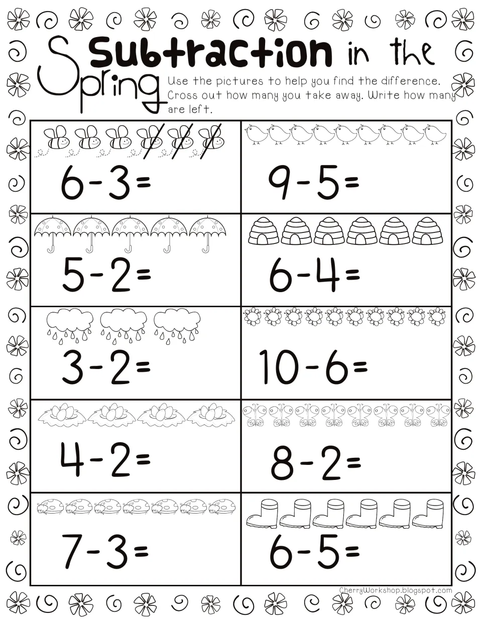 Subtraction in the Spring: students cross out spring pictures and write what is left for 10 problems within 10