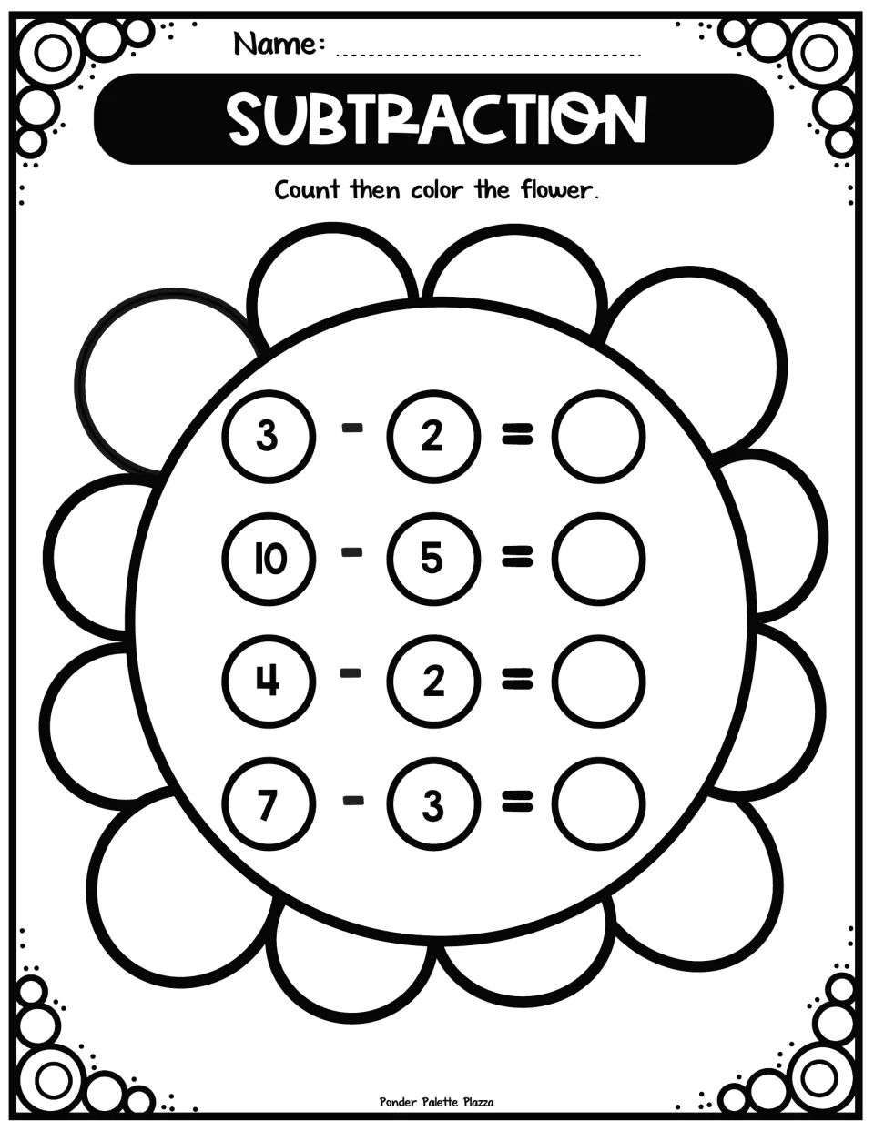 Subtraction within 10 on a flower: students solve 3 - 2, 10 - 5, 4 - 2 and 7 - 3, write each difference, then color