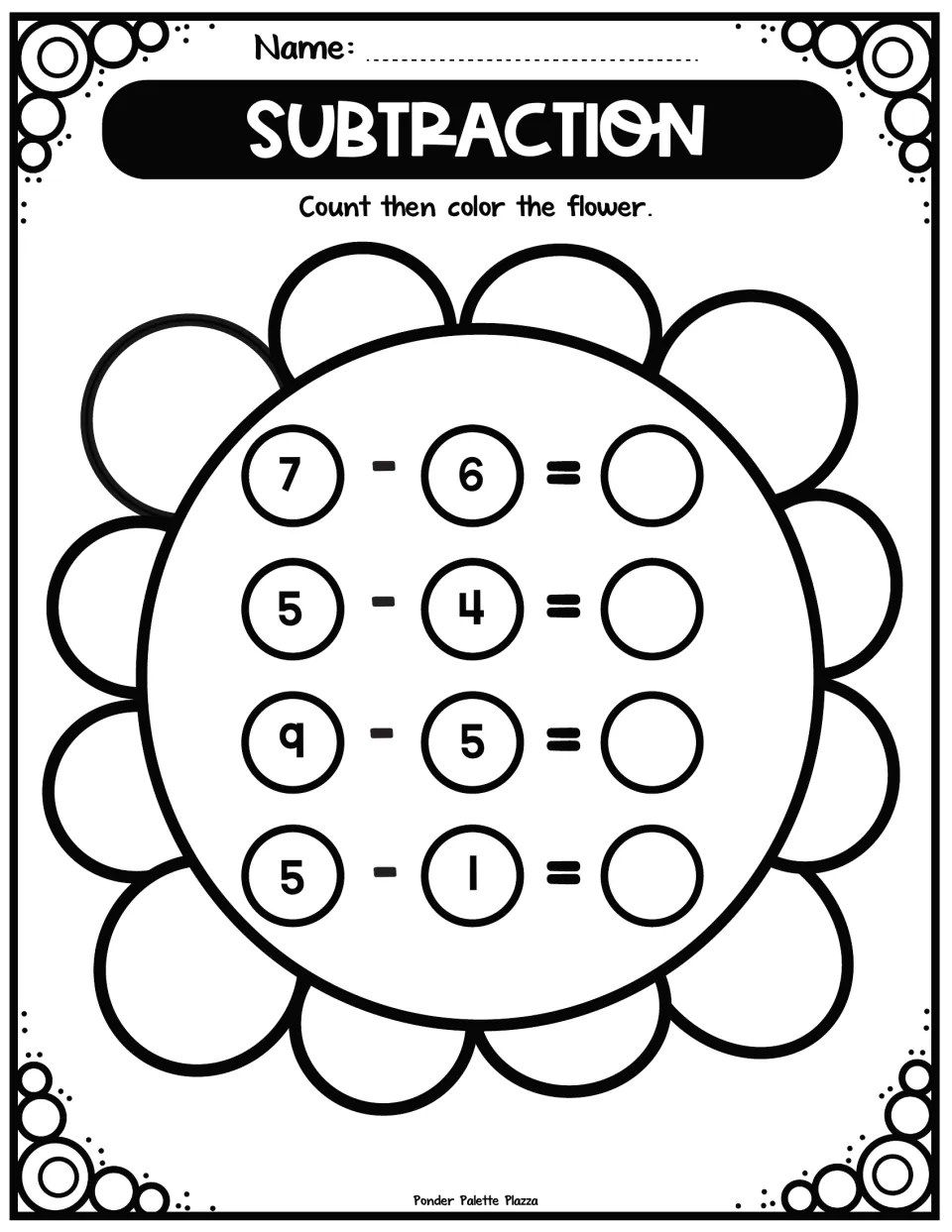 Subtraction within 10 on a flower: students solve 7 - 6, 5 - 4, 9 - 5 and 5 - 1, write each difference, then color