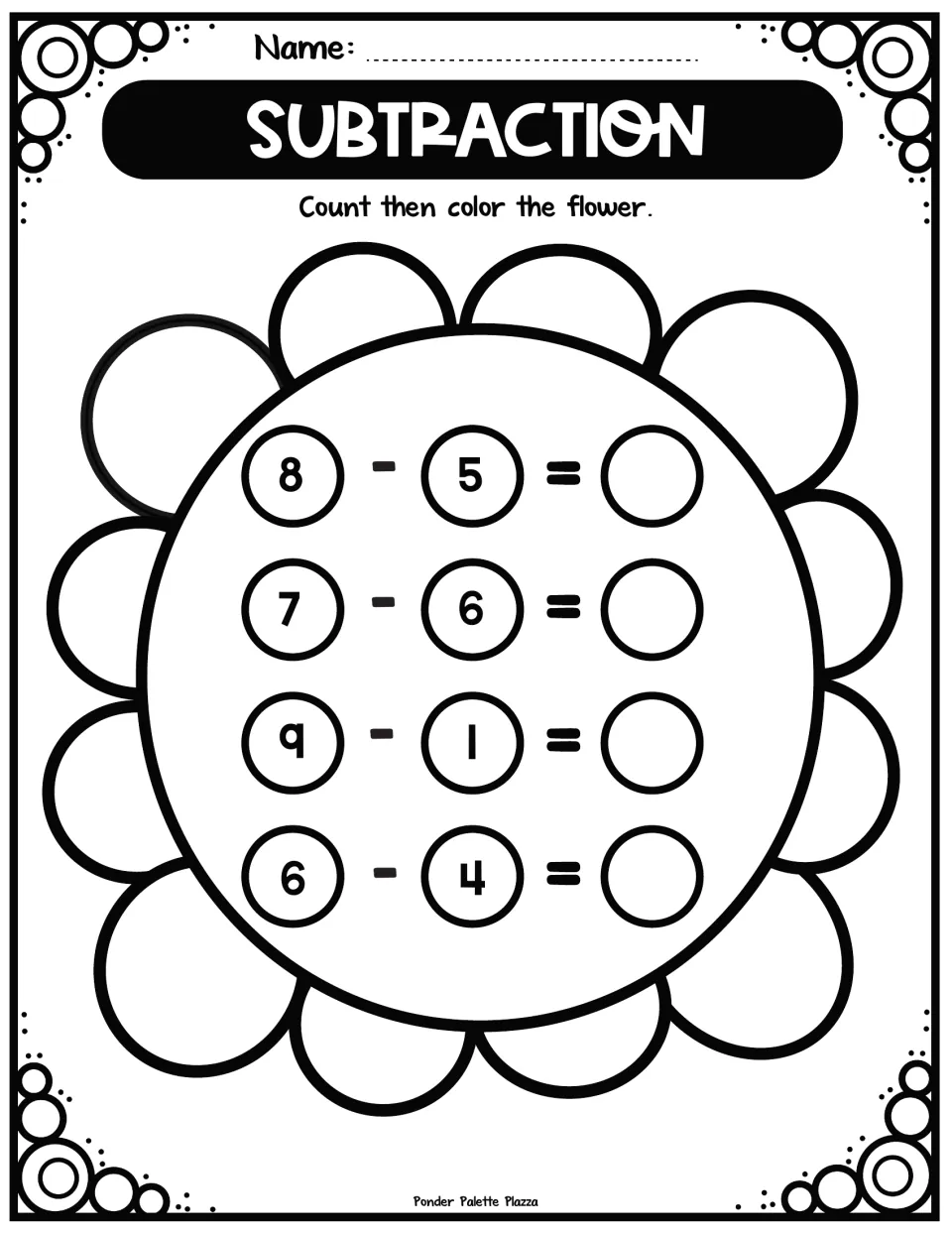 Subtraction within 10 on a flower: students solve 8 - 5, 7 - 6, 9 - 1 and 6 - 4, write each difference, then color