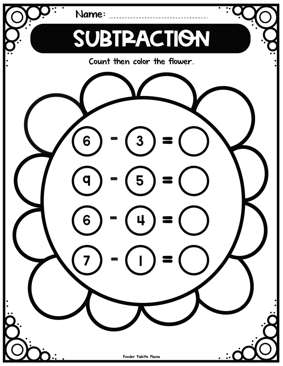 Subtraction within 10 on a flower: students solve 6 - 3, 9 - 5, 6 - 4 and 7 - 1, write each difference, then color