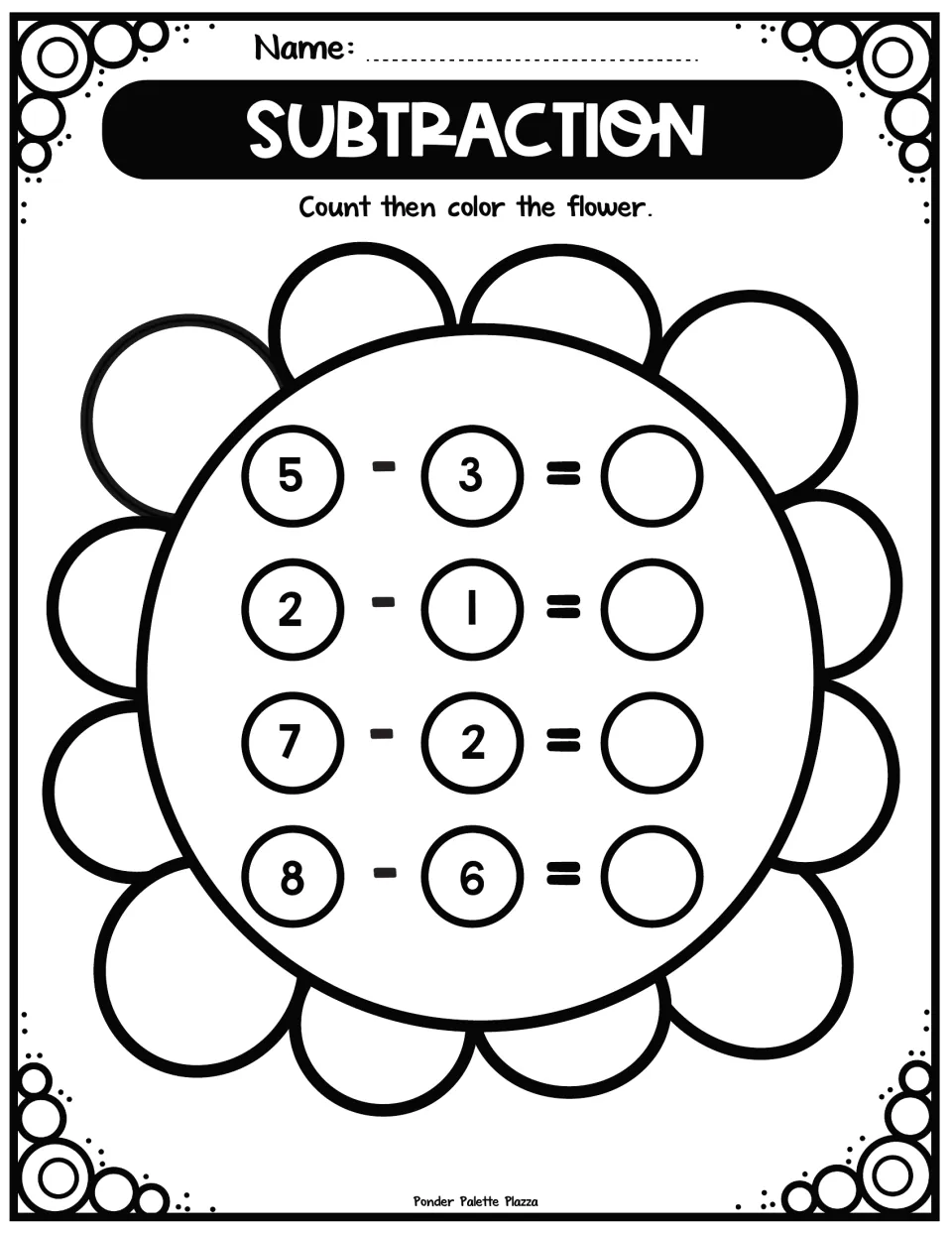 Subtraction within 10 on a flower: students solve 5 - 3, 2 - 1, 7 - 2 and 8 - 6, write each difference, then color