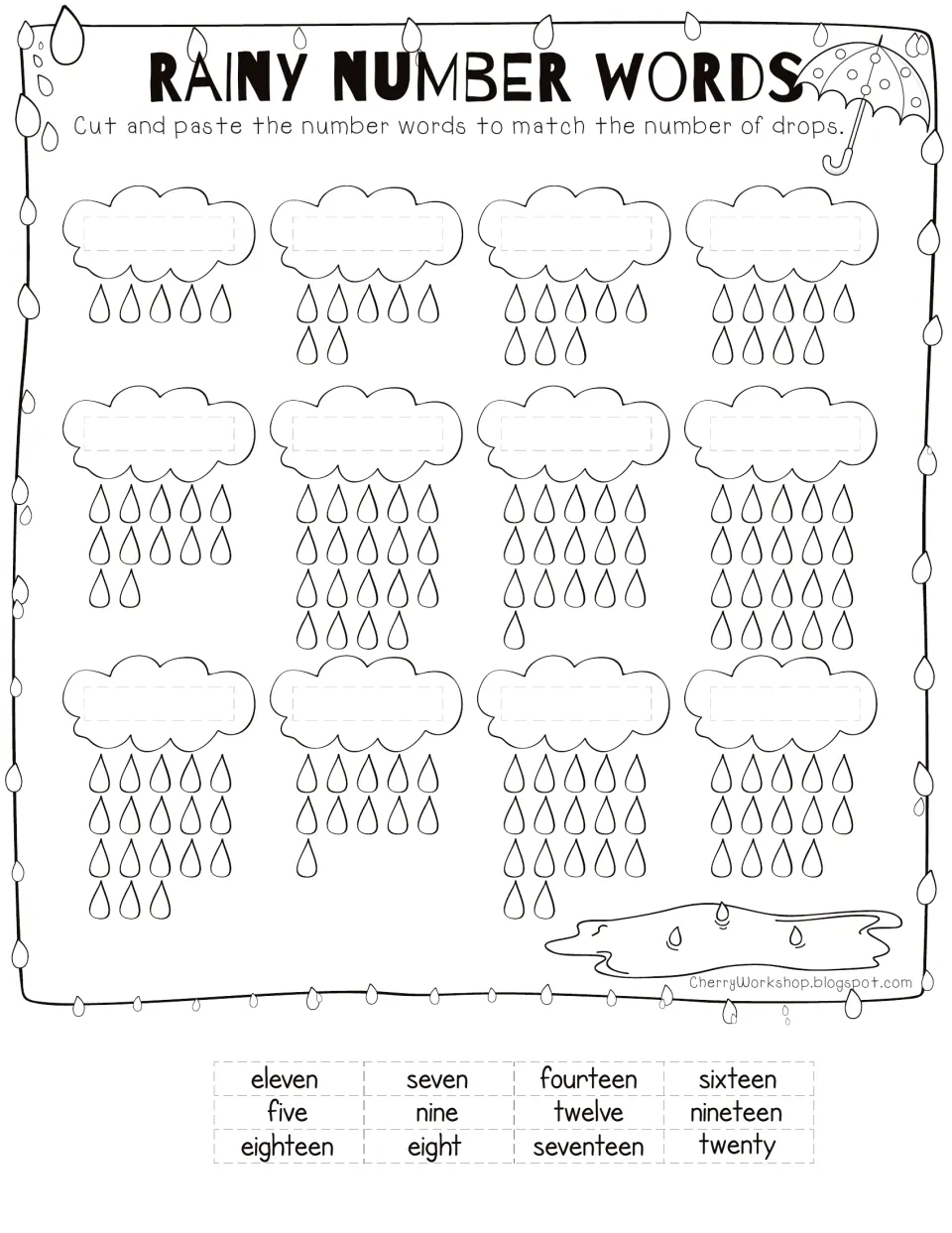 Rainy Number Words: students count raindrops under 12 clouds, then cut and paste number words five to twenty