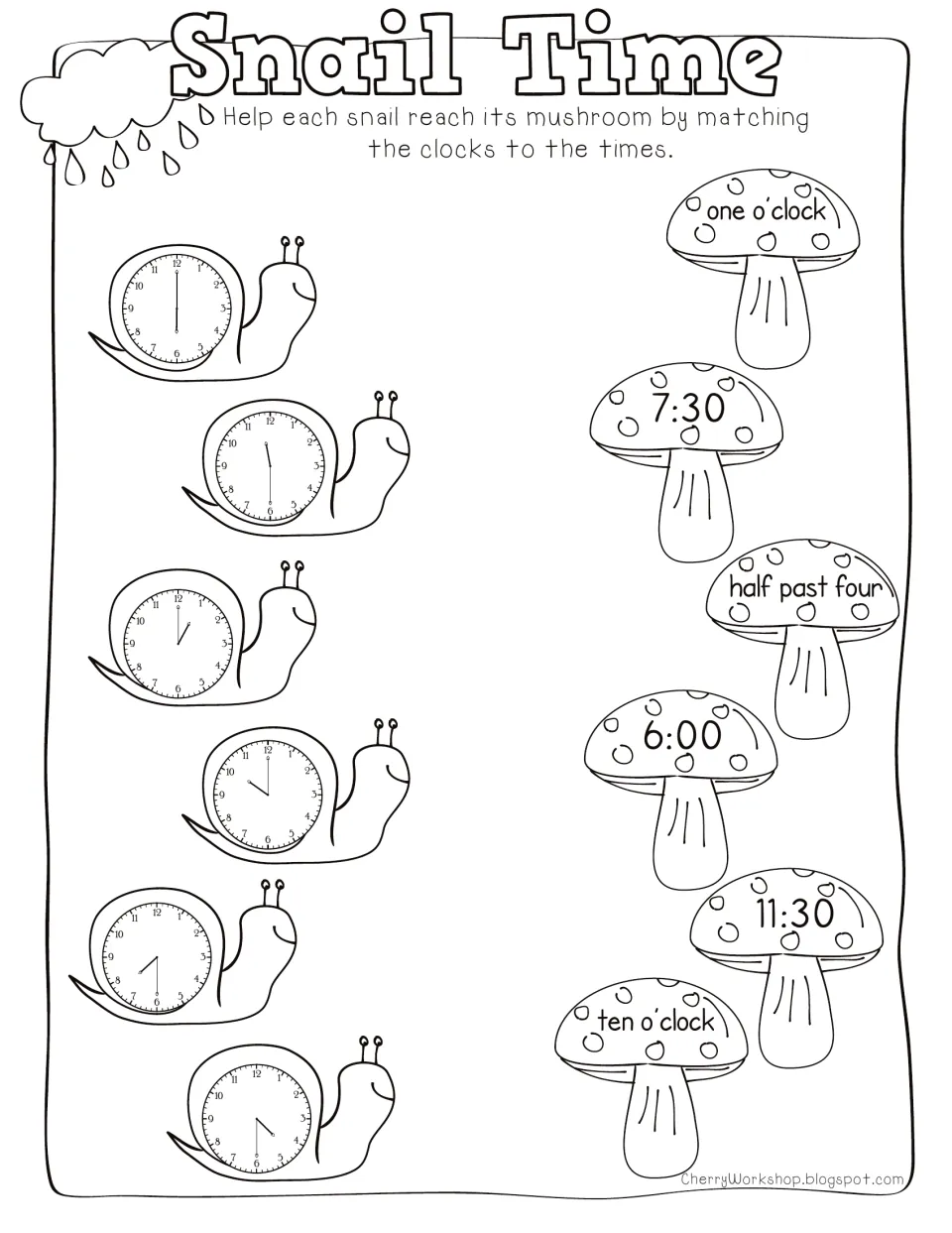 Snail Time: students match six snail clocks to mushroom times like 7:30 and 6:00 to tell time to the hour and half hour