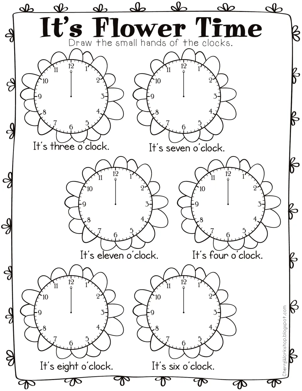 It's Flower Time: students draw the hour hand on six flower clocks to show three, seven, eleven, four, eight and six o'clock