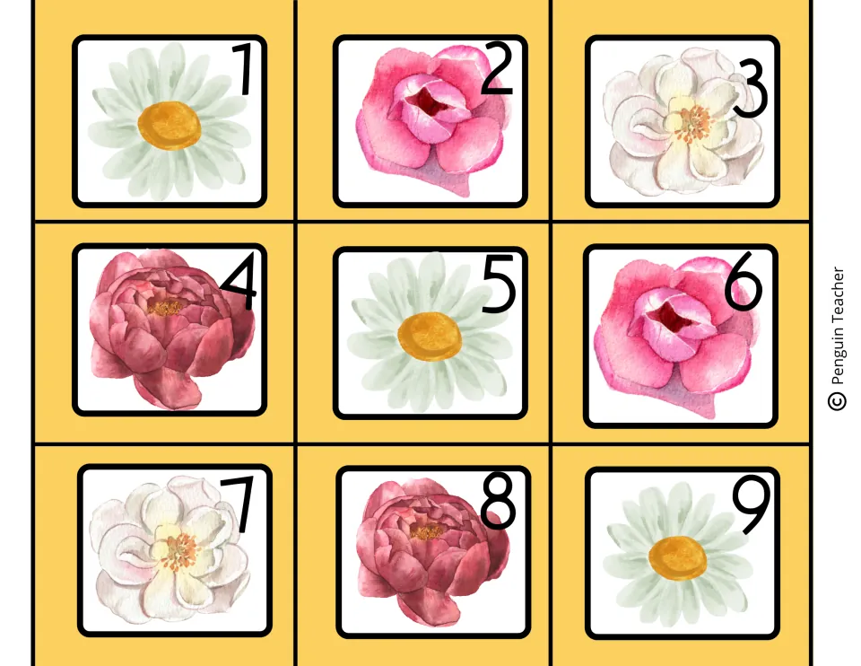 Calendar date cards 1 to 9, each showing a watercolor daisy, pink rose, white flower or red peony beside its number