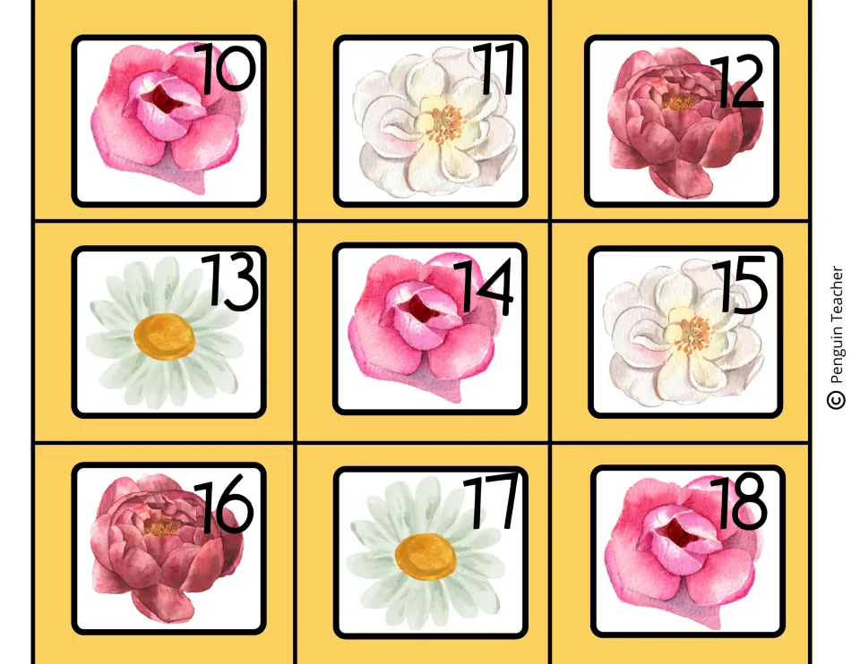 Calendar date cards 10 to 18 illustrated with watercolor spring flowers such as pink roses, daisies and peonies