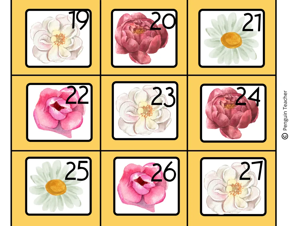 Number cards 19 to 27 for a classroom calendar, decorated with white blossoms, red peonies, daisies and pink roses