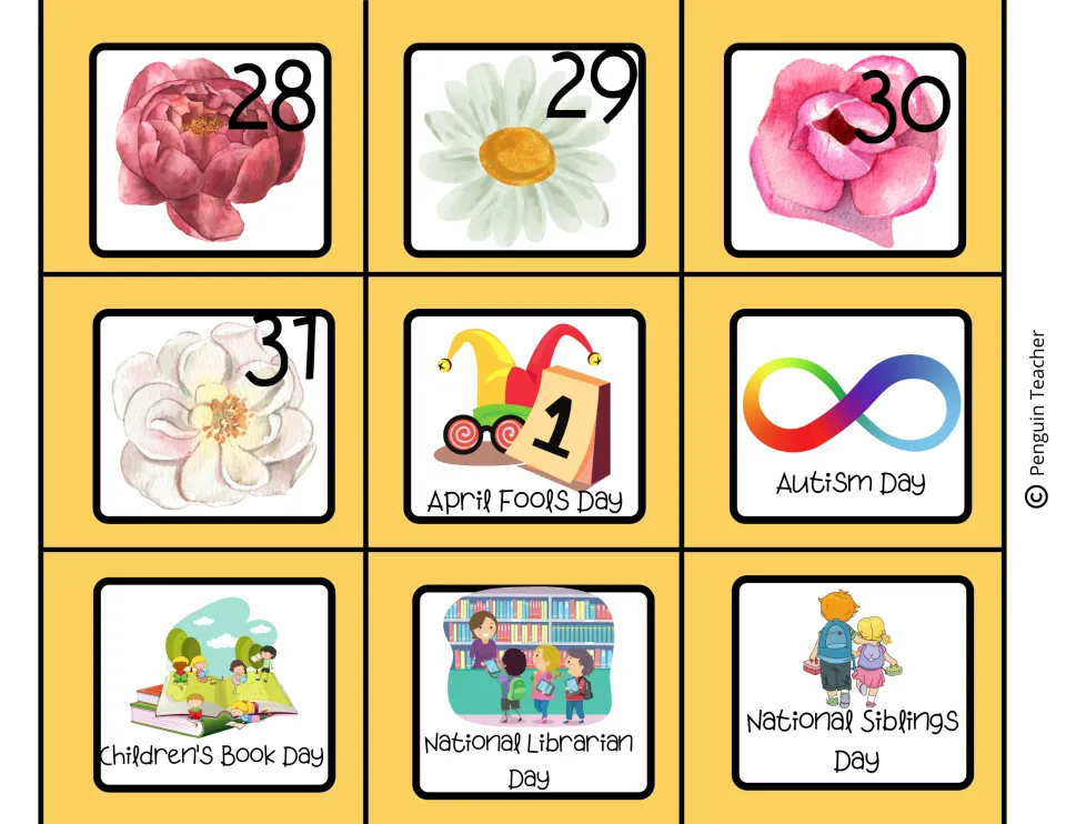 Date cards 28 to 31 with flowers, plus holiday cards for April Fools Day, Autism Day, Children's Book Day and Siblings Day