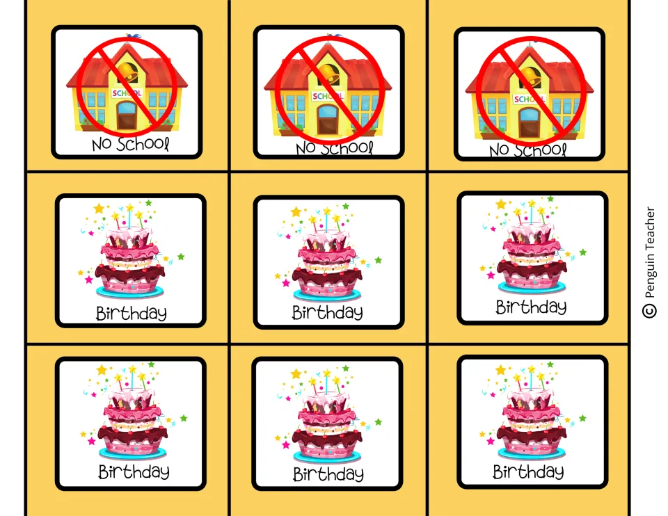 Event markers: three No School signs showing a crossed-out schoolhouse and six Birthday labels with a tiered cake