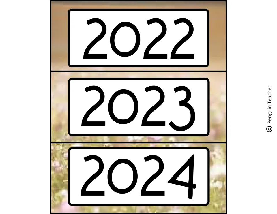 Year labels 2022, 2023 and 2024 printed in large numbers over a soft spring meadow background for the calendar header