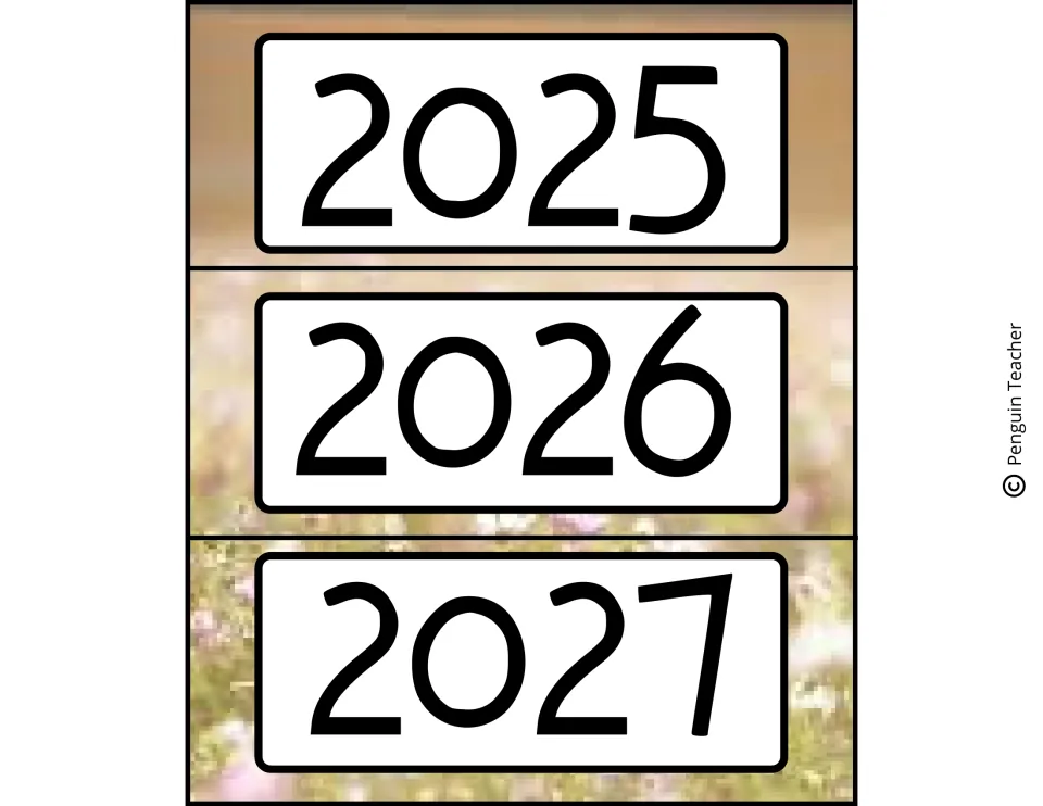 Year cards reading 2025, 2026 and 2027 on a blurred wildflower background, for reusing the calendar display later