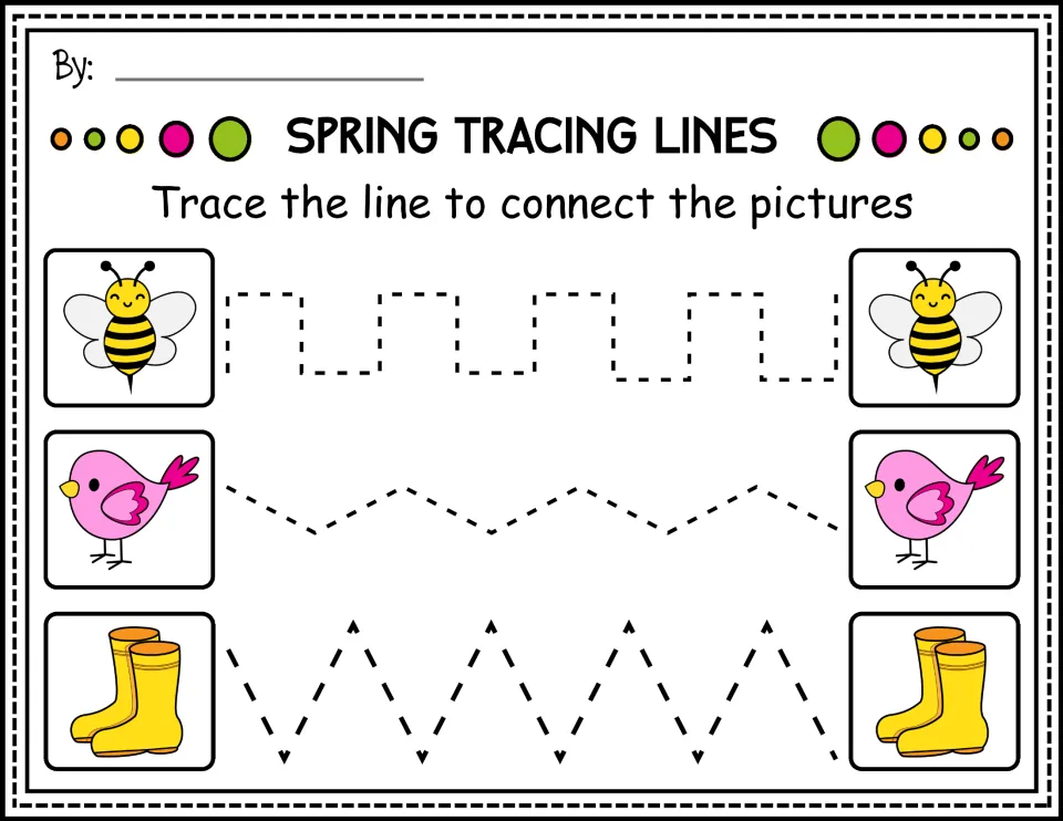 Color tracing worksheet: connect matching bees, birds, and rain boots along stepped and zigzag paths.