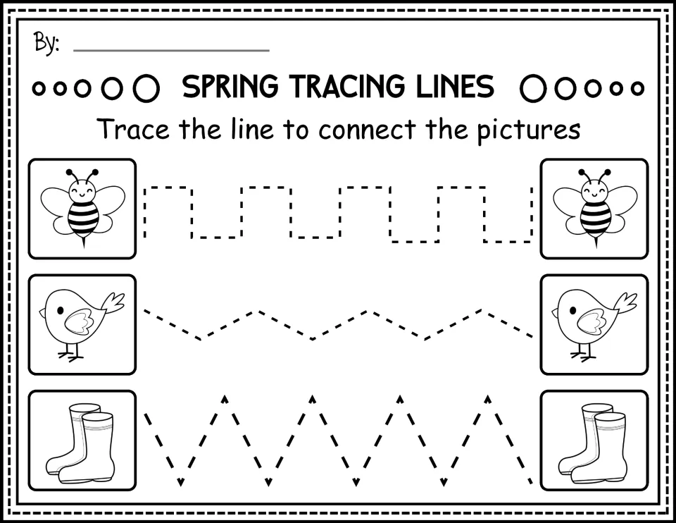 Black-and-white tracing worksheet: connect bees, birds, and rain boots along stepped and zigzag paths.