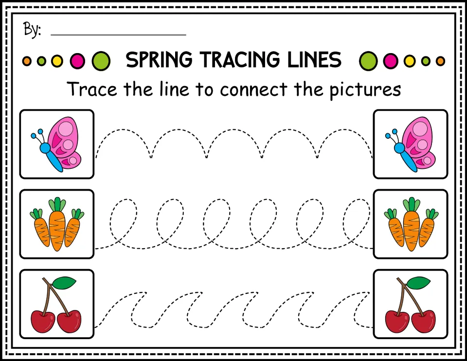 Color tracing worksheet: connect butterflies, carrots, and cherries along arches, loops, and curved waves.