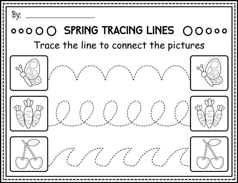 Black-and-white tracing worksheet: connect butterflies, carrots, and cherries along arched and looping paths.