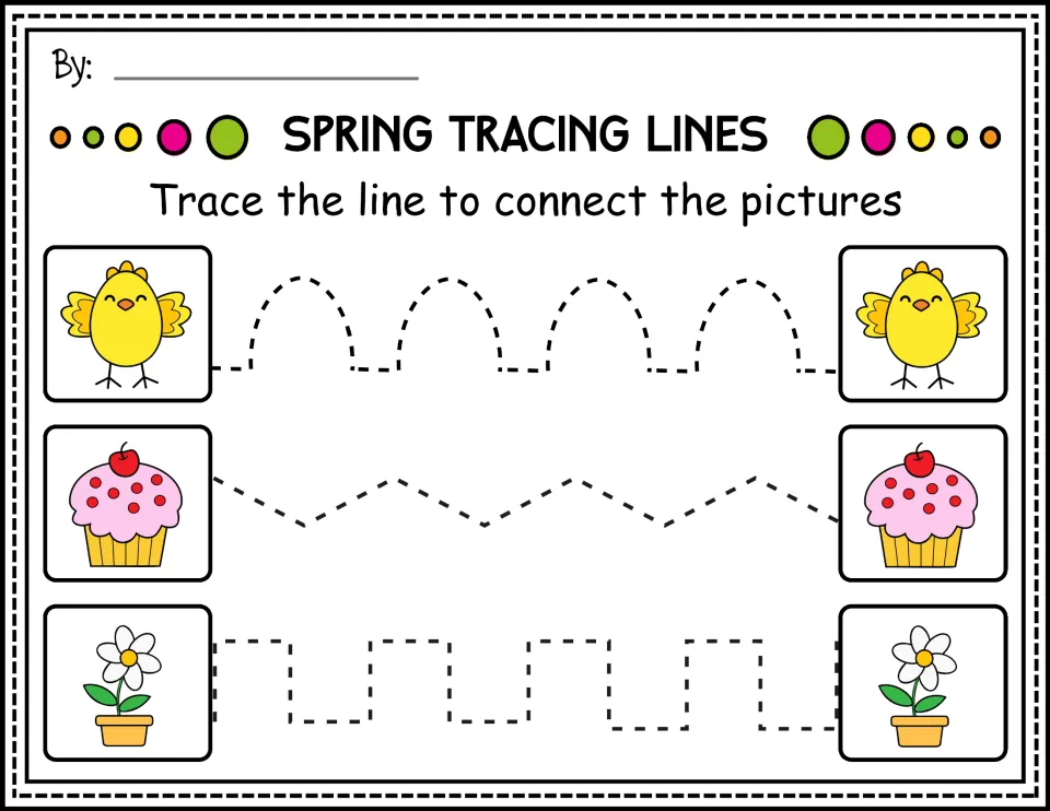 Color tracing worksheet: connect chicks, cupcakes, and potted flowers along arches, zigzags, and steps.