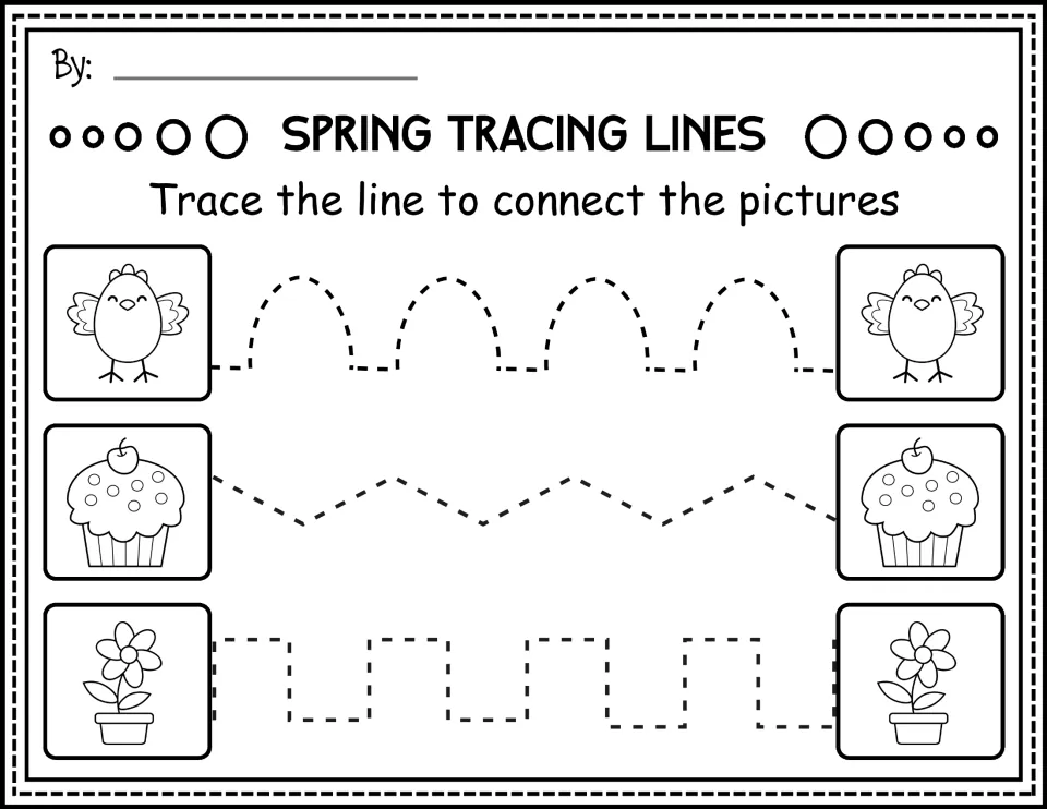 Black-and-white tracing worksheet: connect chicks, cupcakes, and flowers along arches, zigzags, and steps.