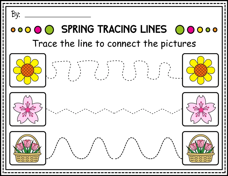 Color tracing worksheet: connect sunflowers, pink blossoms, and flower baskets along curves and zigzags.