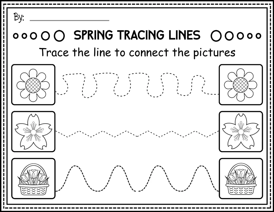 Black-and-white tracing worksheet: connect sunflowers, blossoms, and flower baskets along curves and zigzags.
