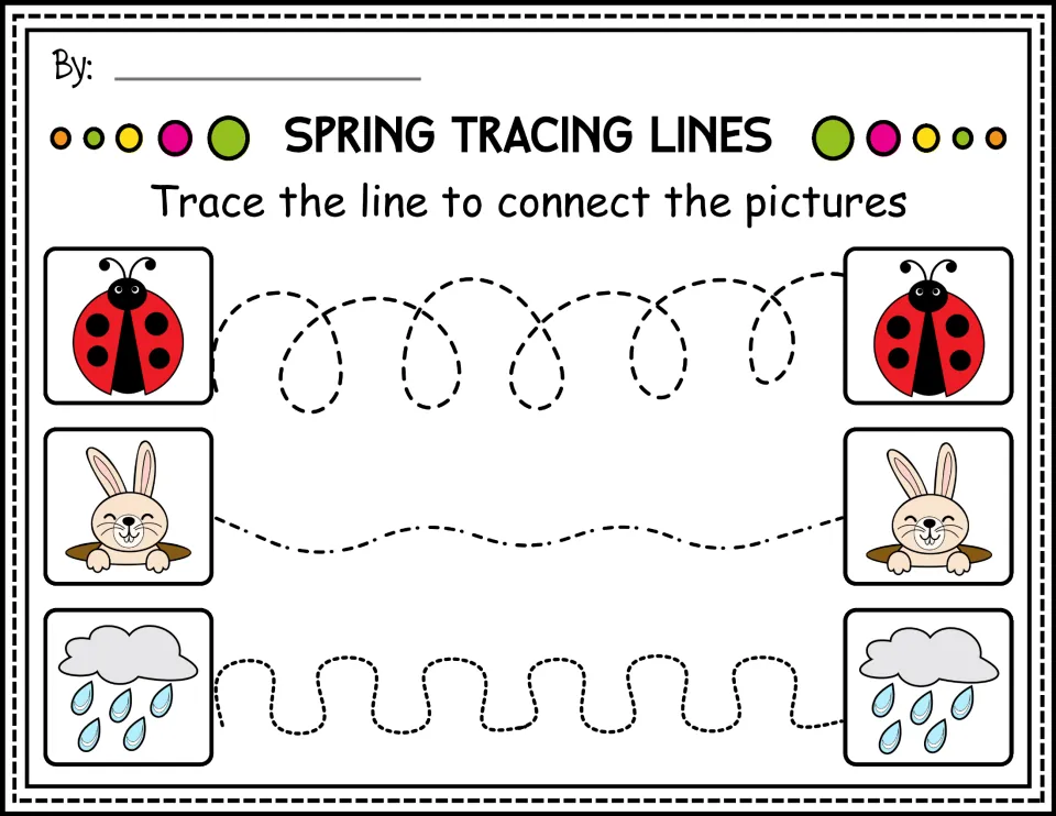 Color tracing worksheet: connect ladybugs, rabbits, and rain clouds along loops, waves, and winding curves.