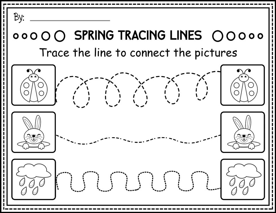Black-and-white tracing worksheet: connect ladybugs, rabbits, and rain clouds along looping and wavy paths.