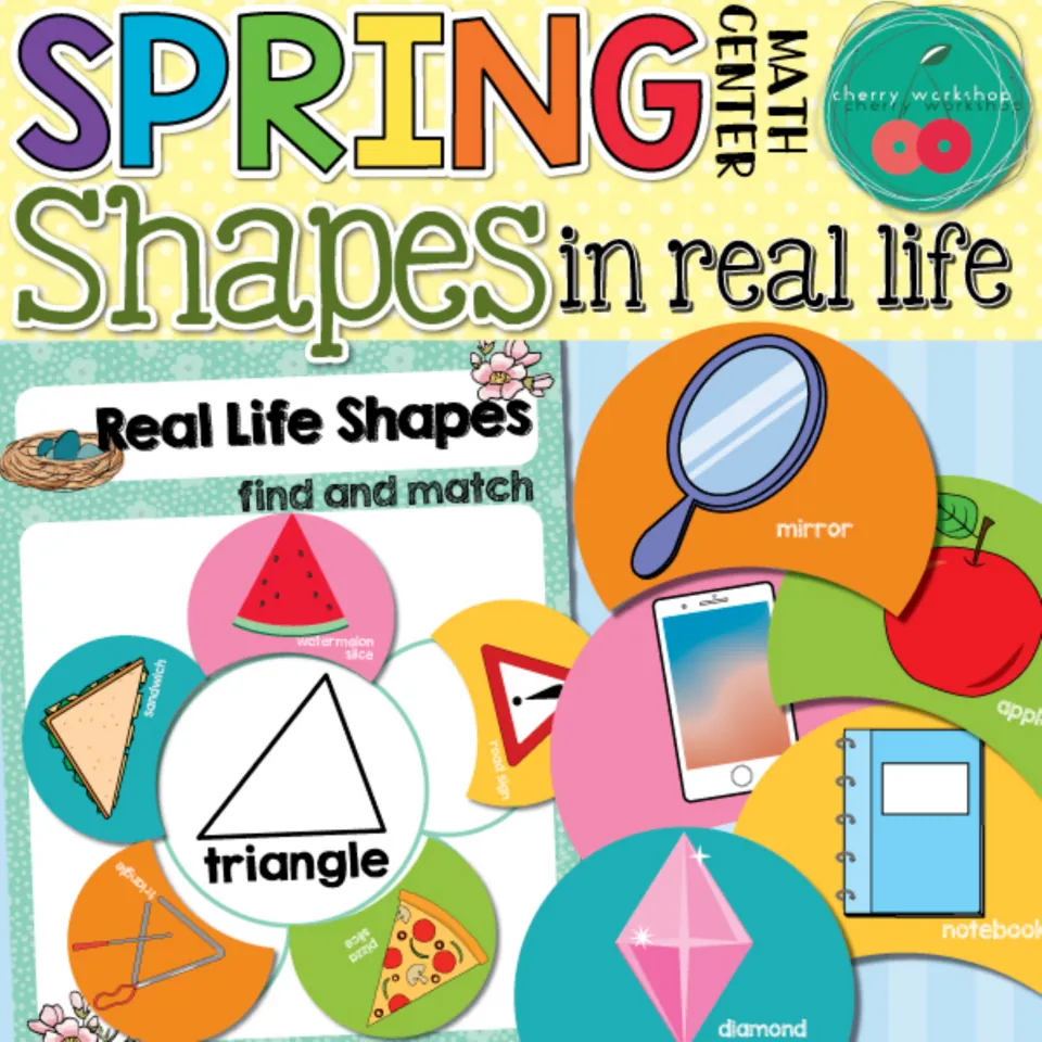 Spring math center cover: a triangle flower mat with sandwich, pizza and road sign petals, plus mirror and apple petals