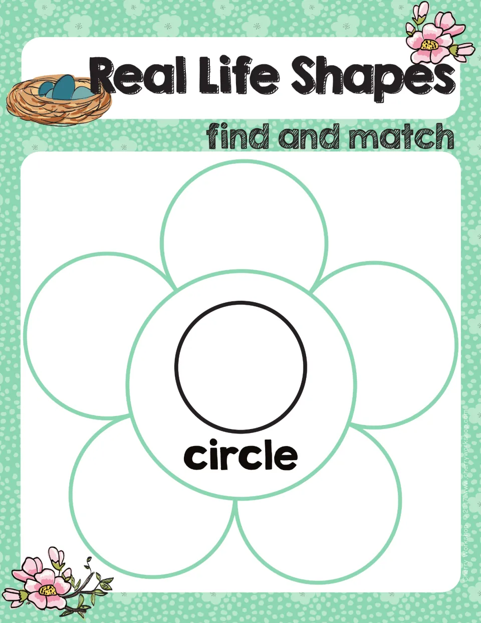 Circle mat, Real Life Shapes find and match: students place five round real-world picture petals around the circle center