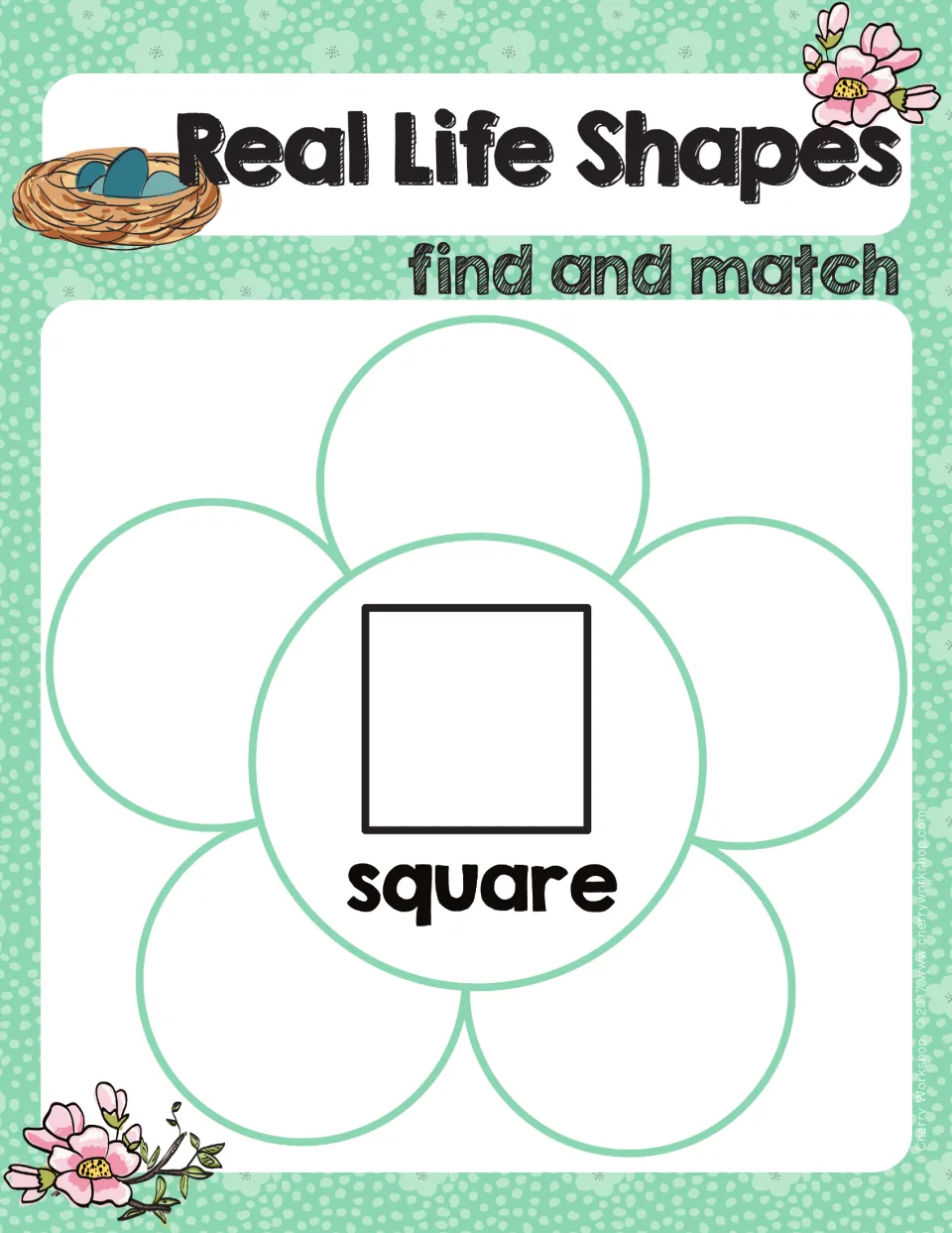 Square flower mat: children find five petals showing everyday objects with four equal sides and set them around the square
