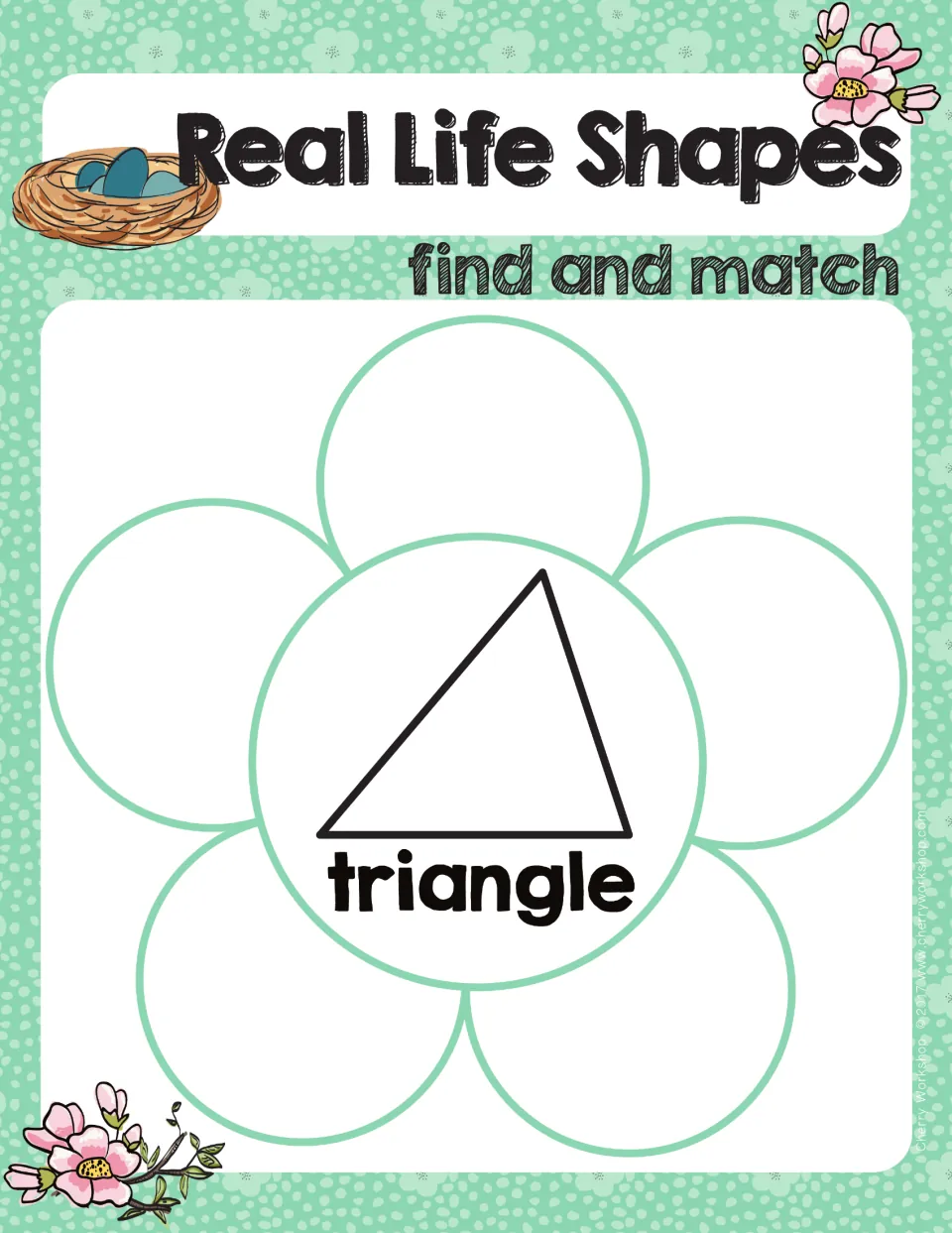 Triangle mat for shape recognition: learners match five petals of three-sided real objects to the triangle in the center