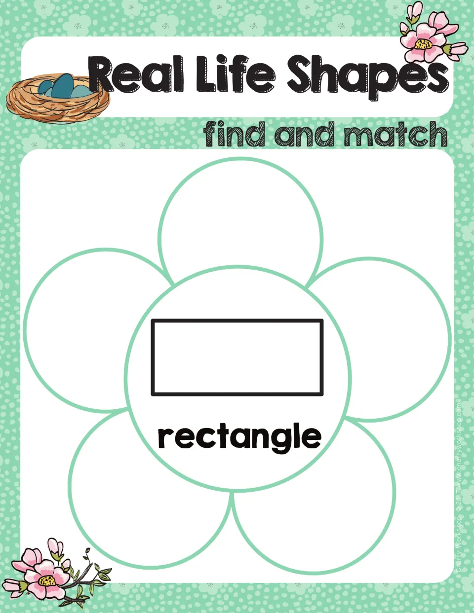 Rectangle mat: students choose five petals picturing everyday rectangular things and arrange them around the rectangle
