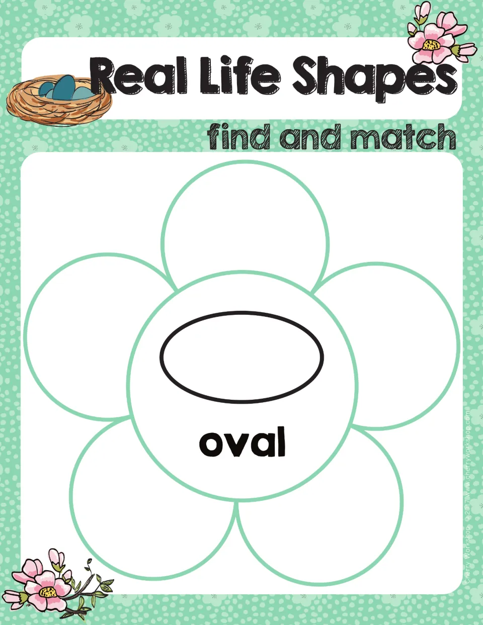 Oval find-and-match mat: kids sort out five petals with egg-shaped objects and lay them around the oval in the middle