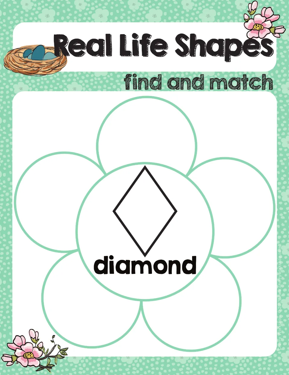 Diamond mat: students identify five real-life diamond-shaped pictures and place each petal around the diamond outline