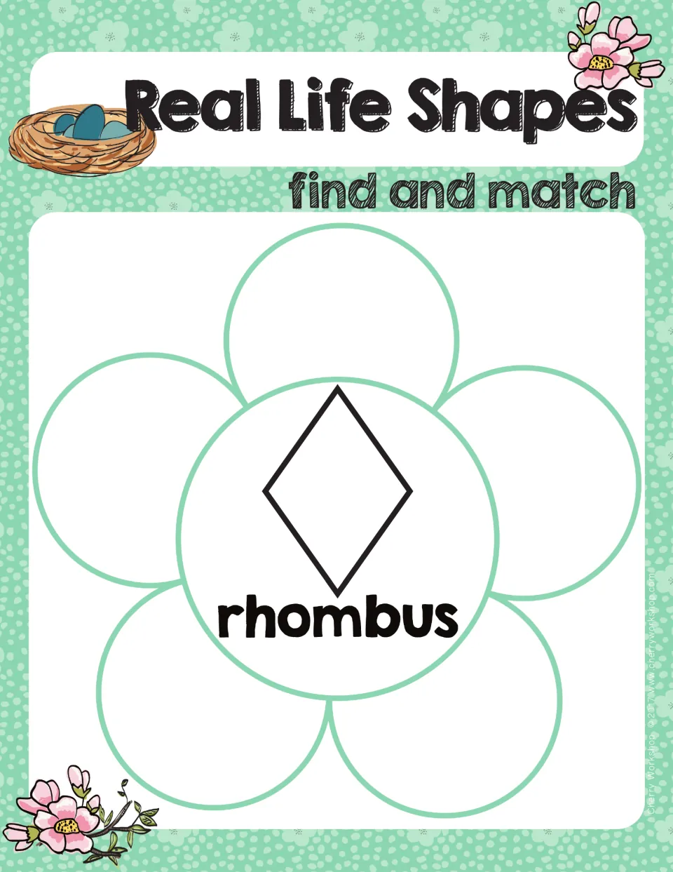 Rhombus mat: the same four-sided figure labeled rhombus, for matching five diamond-shaped object petals around the center