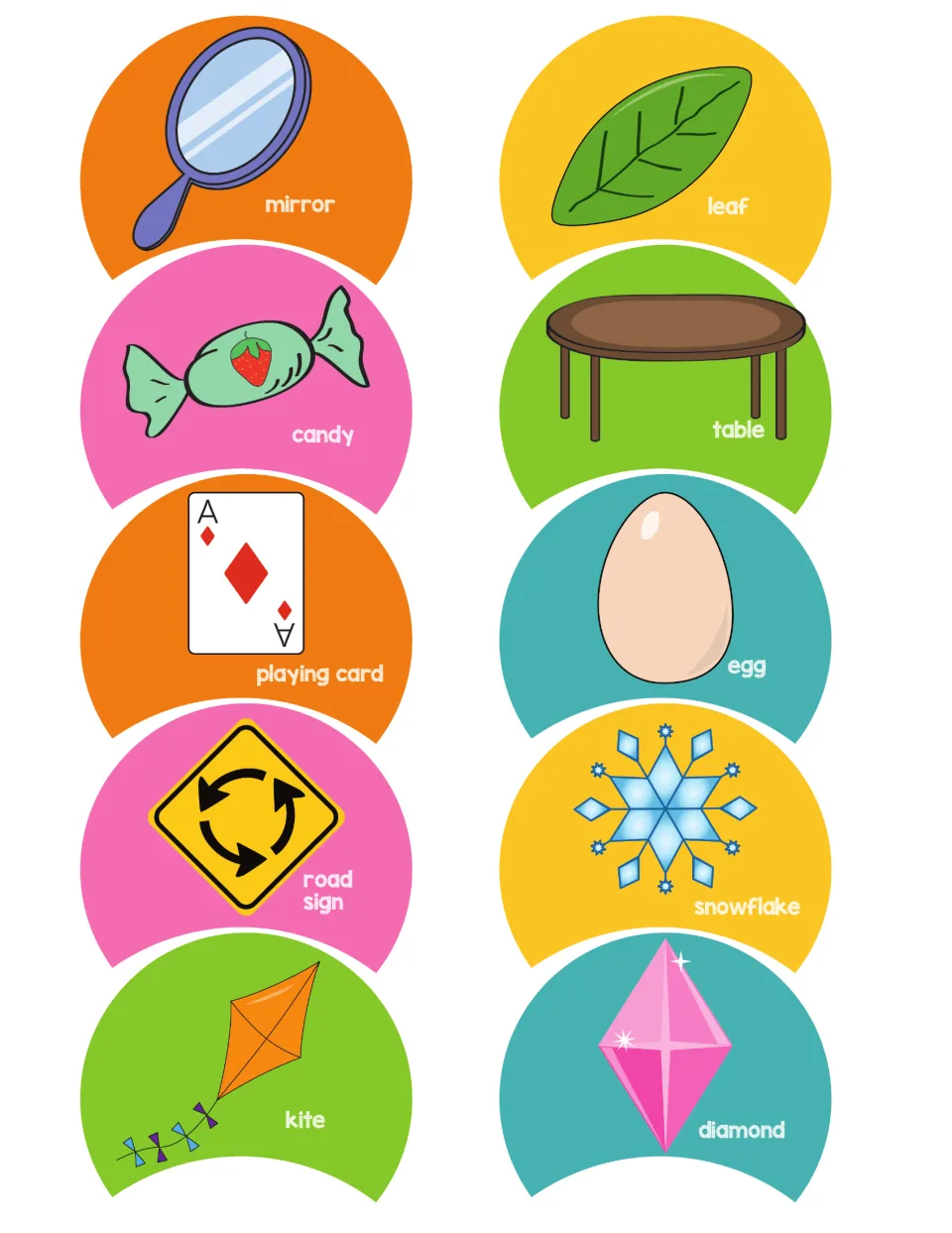 Picture petals to cut out: mirror, leaf, candy, table, egg, playing card, road sign, snowflake, kite and diamond
