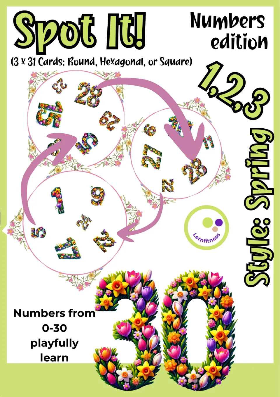 Number-matching game cover introducing numbers 0–30 and three 31-card versions: round, hexagonal, and square