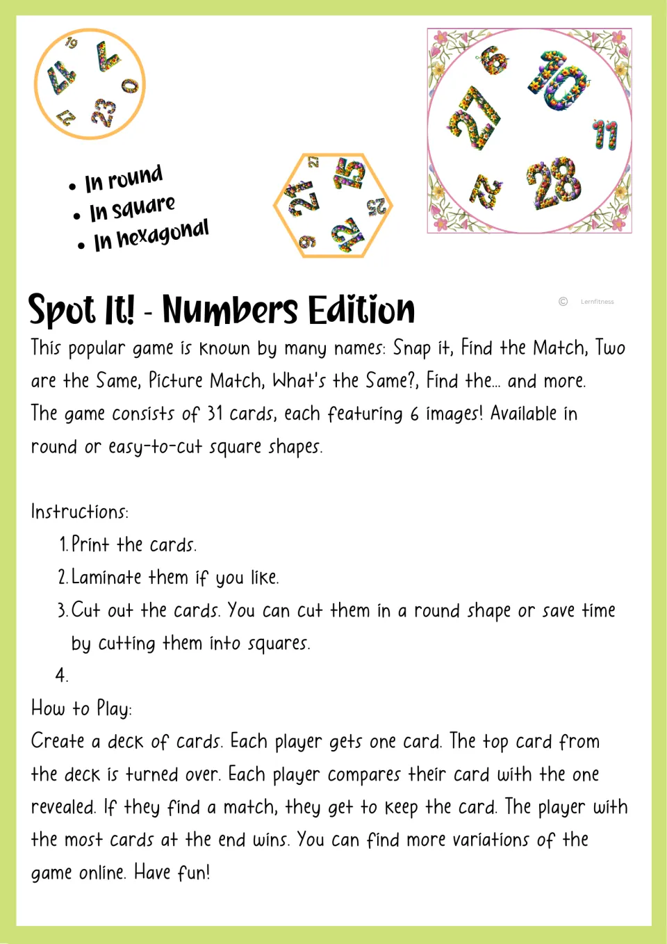 Number-matching game instructions explain printing, optional laminating, cutting, and finding matching numbers