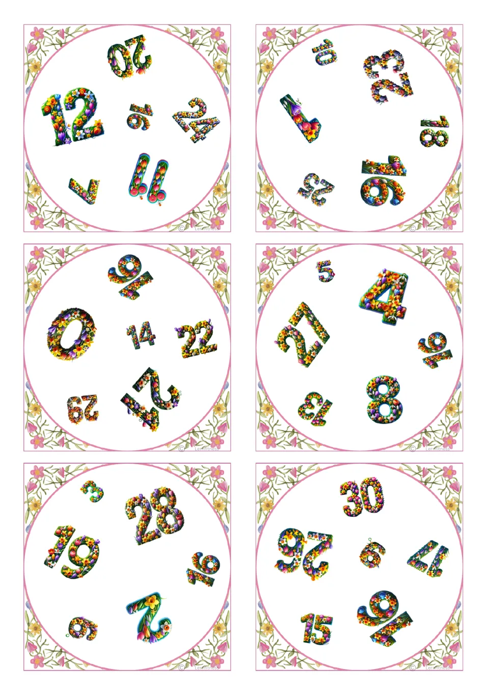 Square number-matching cards 1–6 of 31, with six numbers per card; the first includes 20, 12, 16, 24, 7, and 11