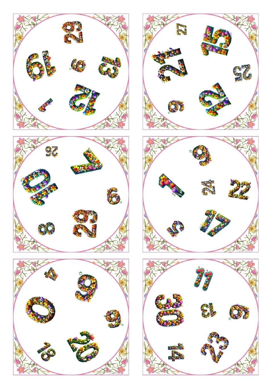 Square number-matching cards 7–12 of 31, with six numbers per card; the first includes 29, 19, 6, 13, 1, and 12