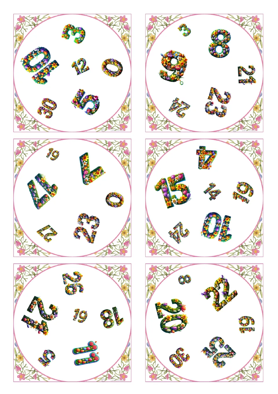 Square number-matching cards 13–18 of 31, with six numbers per card; the first shows 3, 10, 12, 0, 30, and 15