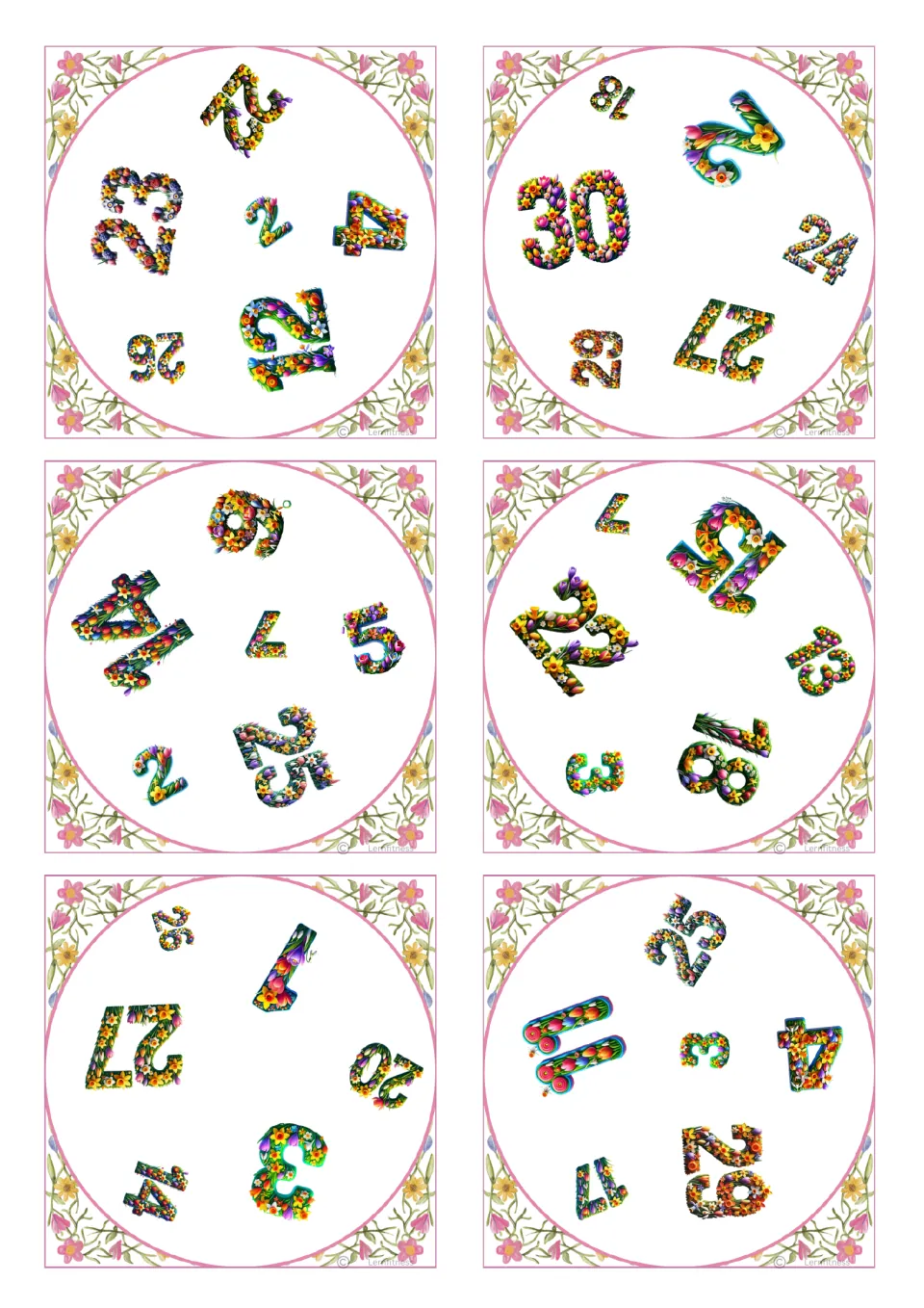 Square number-matching cards 19–24 of 31, with six numbers per card; the first shows 22, 23, 2, 4, 26, and 12