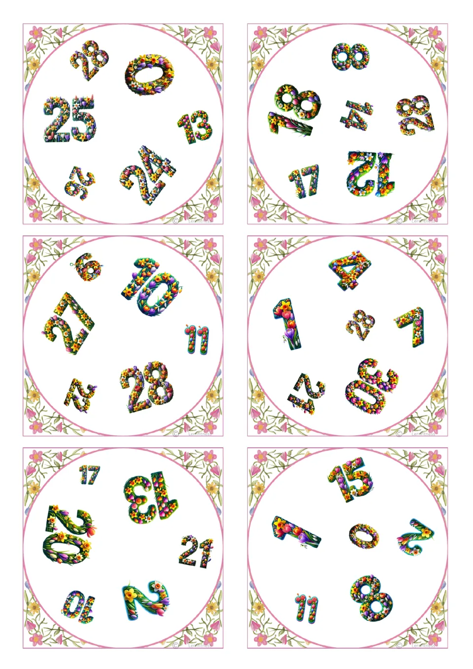 Square number-matching cards 25–30 of 31, with six numbers per card; the first shows 28, 0, 25, 13, 22, and 24