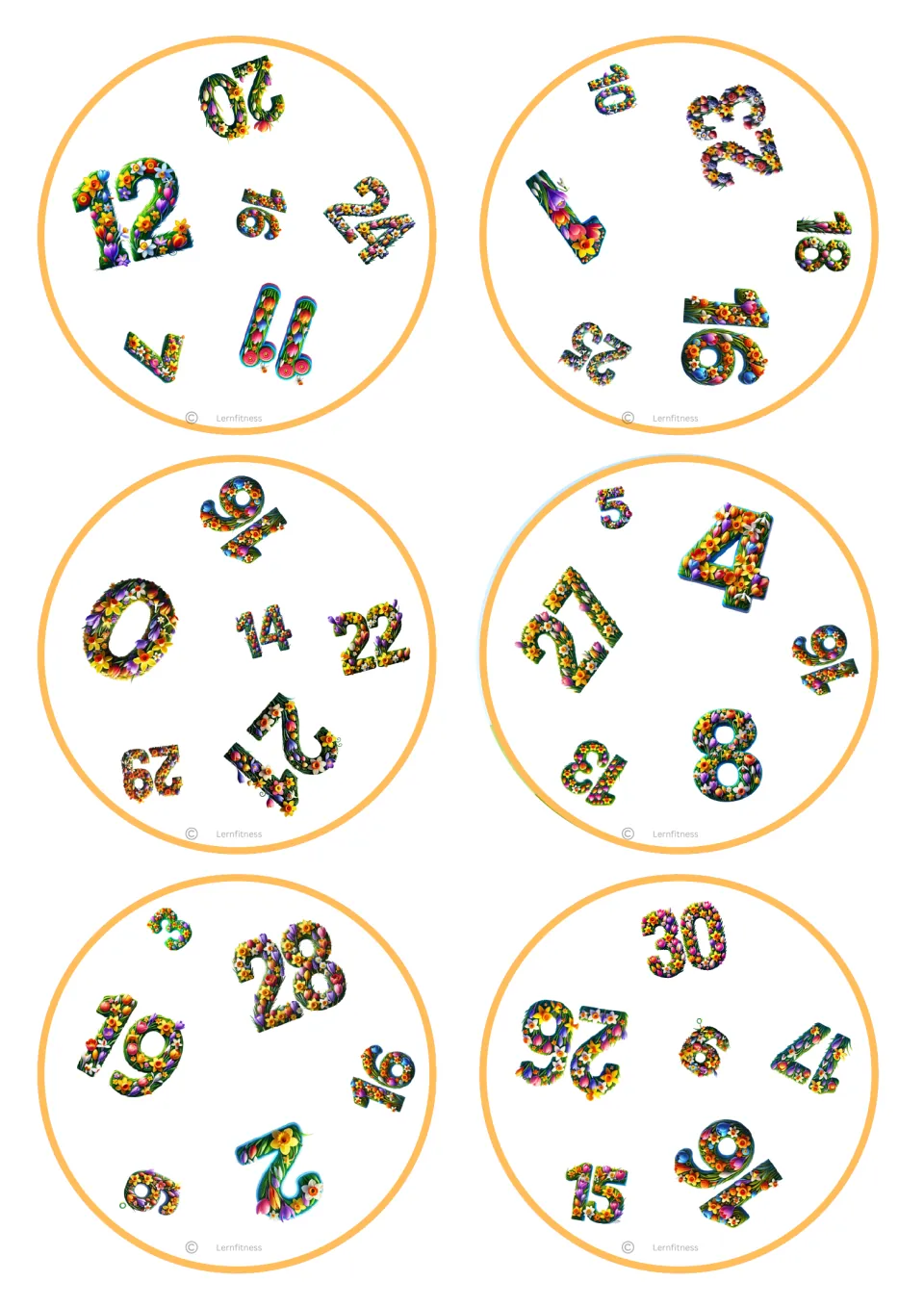Round number-matching cards 1–6 of 31, repeating the first square sheet's number sets in circular cards