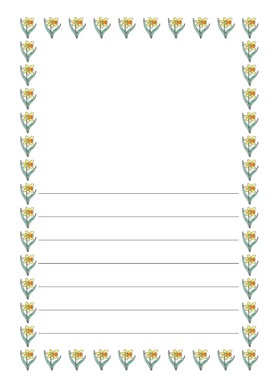Color daffodil draw-and-write page: students sketch a spring picture in the top space, then write about it on 7 rows below