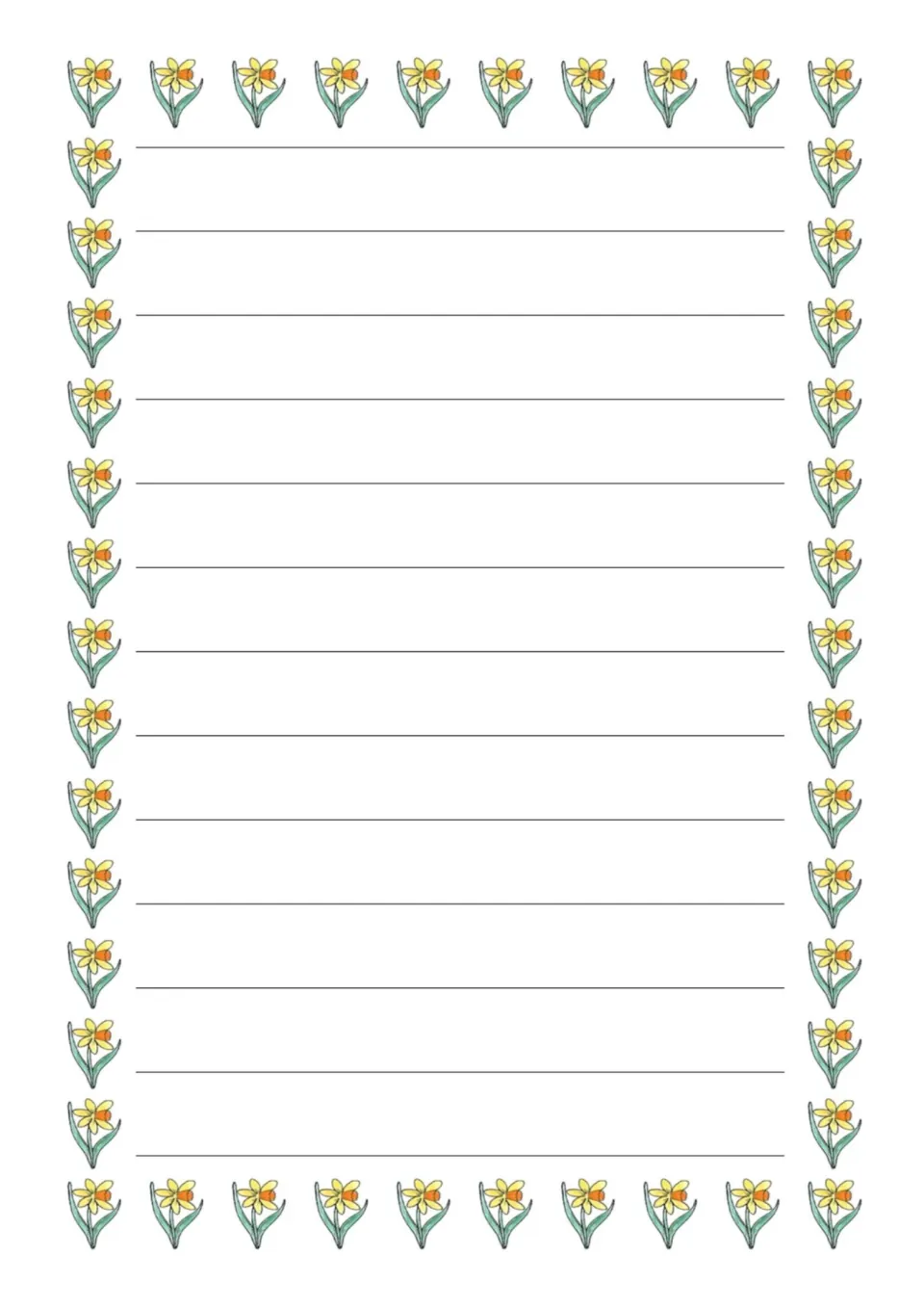 Colored daffodil writing page with 14 rows for longer spring stories, letters or journal entries
