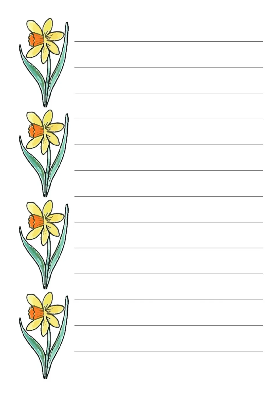 Spring writing page with four colored daffodils down the left side and 13 rows for writing a longer piece across the page
