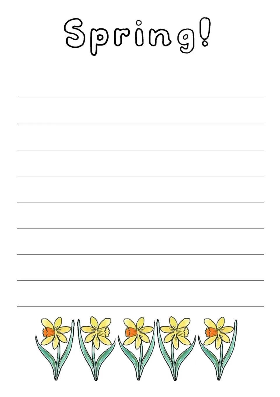 'Spring!' heading page in color: 9 writing rows above a row of five yellow and orange daffodils for spring sentences