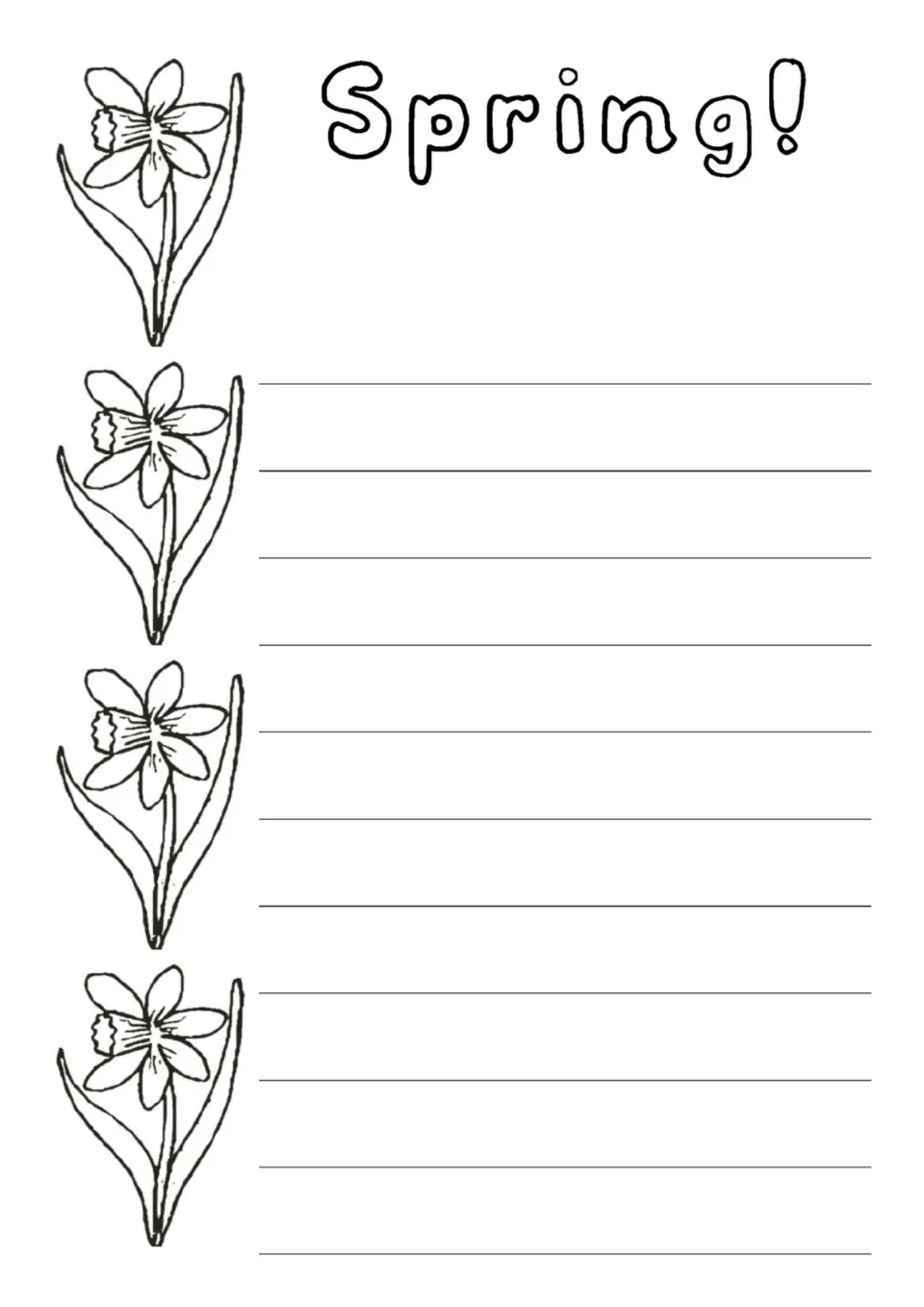 'Spring!' heading beside outline daffodils on the left, with 10 rows for writing about the season and flowers to color